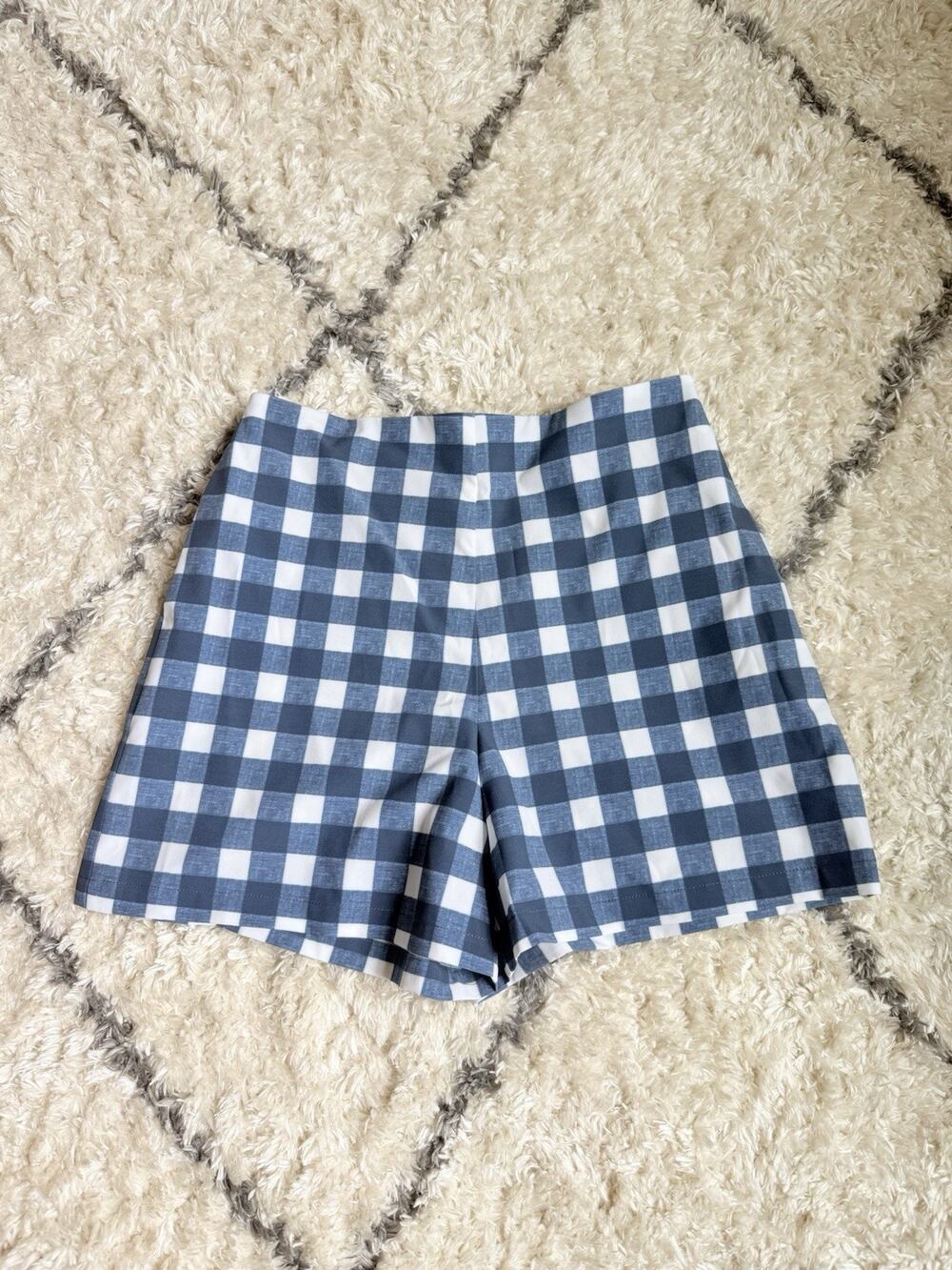 Byrdie Golf Social Wear Women's Blue White Plaid Chino Zip Flat Front Shorts XS